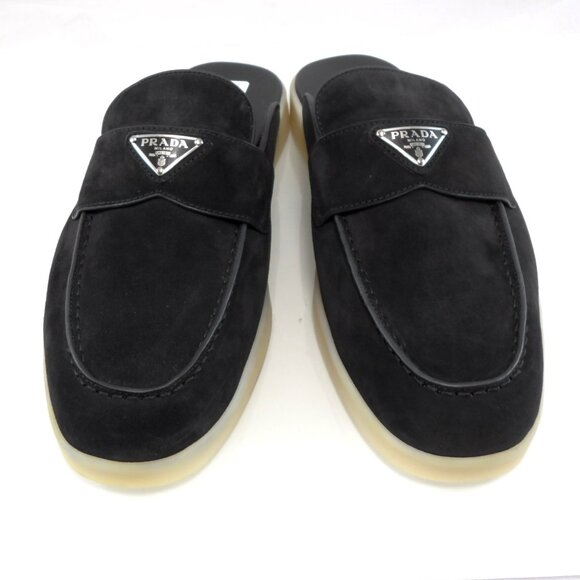 NIB$950 Prada Saint Tropez Suede Metal Triangle Logo Loafer Mules 7.5, US 8.5 - Picture 2 of 16